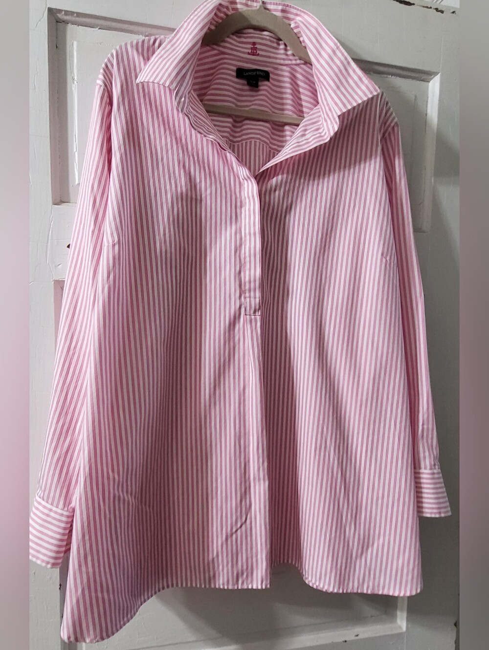 Coastal Mom Grandma Pink & White Striped Button Front Cotton Blouse Sz 26W